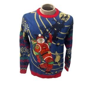 Ugly Christmas Sweater Astronaut Santa Space Moon Walk 3D Bells Mens Medium